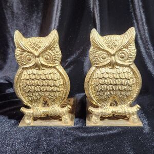 Brass Owl Bookends Set Figural Figurine w Book Holder Lip Ornate Vintage Korea